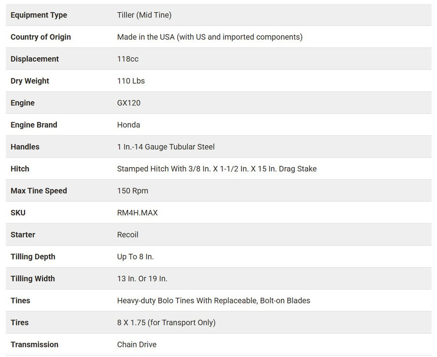 Maxim Rototiller Specifications