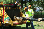 two men putting a tree trunk into the chipper