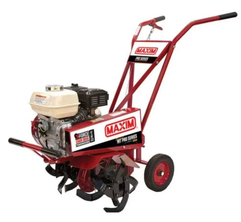side view of maxim brand rototiller for rent